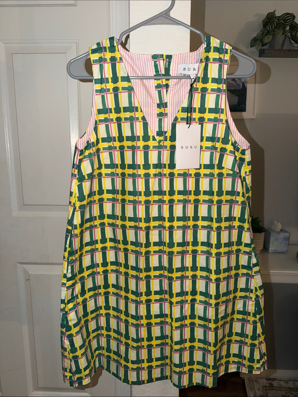 Buru Women's Green & Yellow Plaid V-Neck Dress